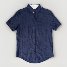 Tommy Hilfiger Flex Short Sleeve Button-Down Shirt Navy Blue Size Medium Linen