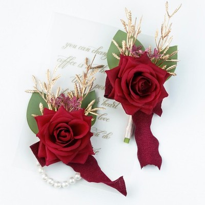 2 PCS Burgundy Wrist Corsage Boutonniere Set Artificial Rose Wedding Prom
