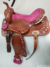 Leather Western Barrel Pink Suede Seat Horse Saddle With Tack Set Size 16".