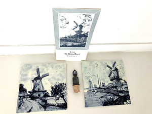 DELFT BLUE & WHITE WINDMILL TILES/TRIVETS  + WINE BOTTLE STOPPER + Brochure