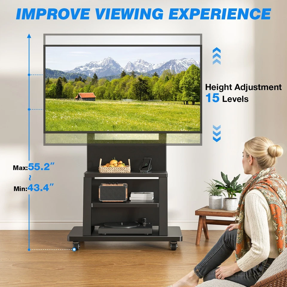 Soporte de TV con ruedas con estantes para televisores de 37"-75", soporte de base ancha de alta resistencia negro Foto 2 de 4