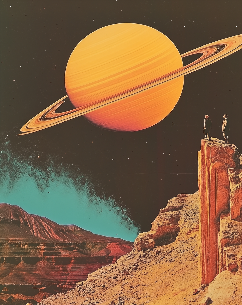 Saturn Cliff Gaze Surreal Wall Art Cosmic Desert Poster 12X16