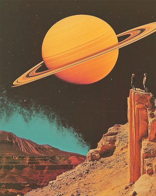 Saturn Cliff Gaze Surreal Wall Art Cosmic Desert Poster 12X16