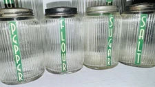 owens illinois Shakers Pantry Aide Green & Gold Labels Salt Pepper Sugar Flour