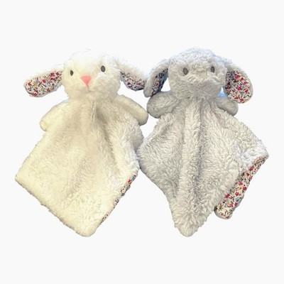 Bundle 2 K Luxe Kellytoy Bunny Rabbit Floral Loveys Rattle Baby Toy White Gray