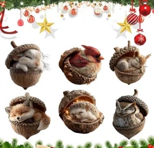 6Pcs Forest Animal Acorn Ornaments, Cozy Forest Christmas Ornaments, Pine Cone A