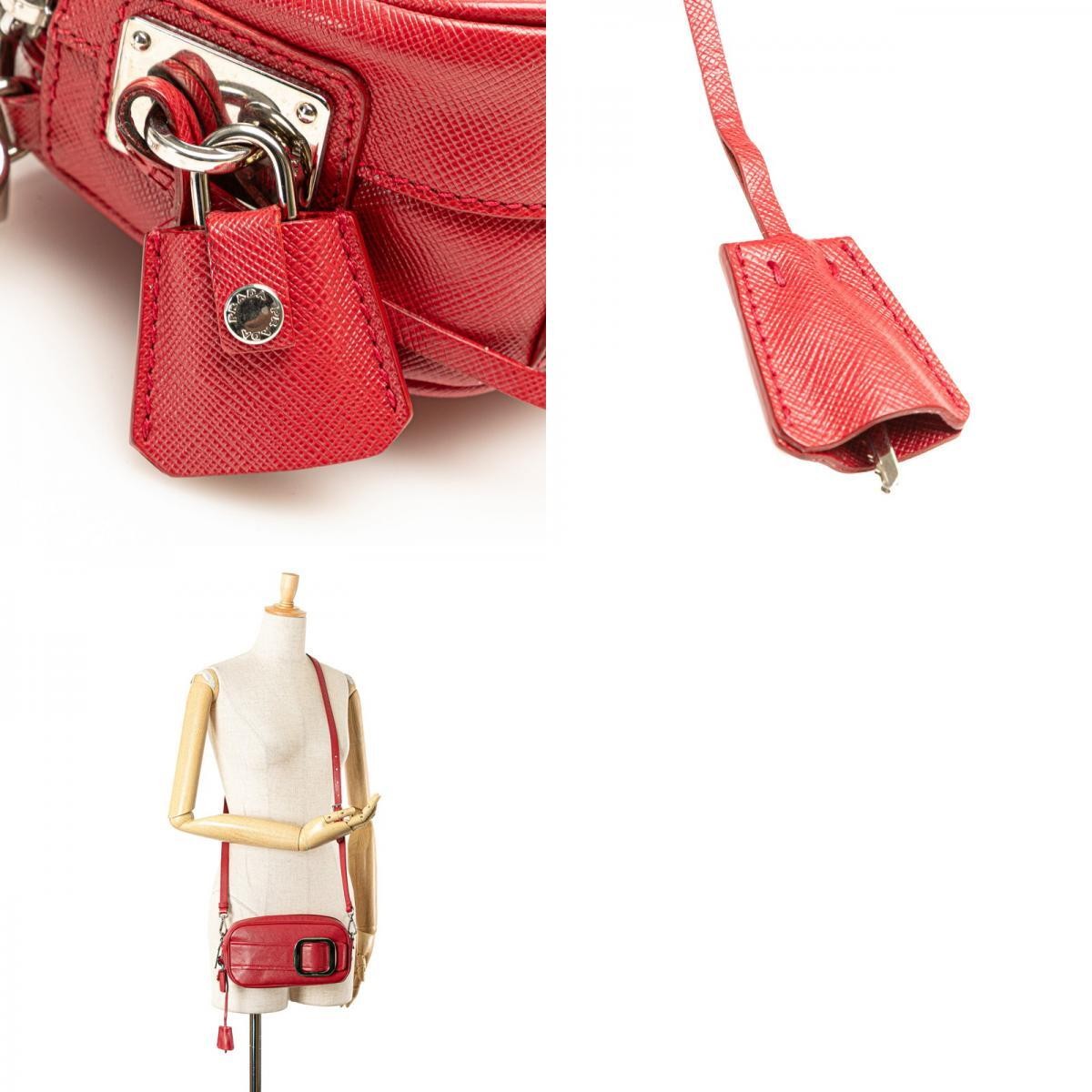 Prada Buckle Shoulder Bag Saffiano Leather Red Women Used Authentic thumbnail 10
