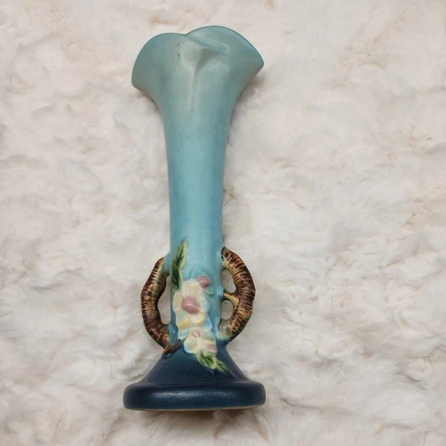 Roseville Pottery Apple Blossom BLUE 8" vase 379-7 ~ Excellent