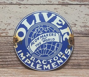 Vintage Oliver Tractor Implements Porcelain Metal Domed Sign