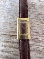 Seiko Quartz Rectangular Ladies Watch Brown Leather Strap Runs New Battery