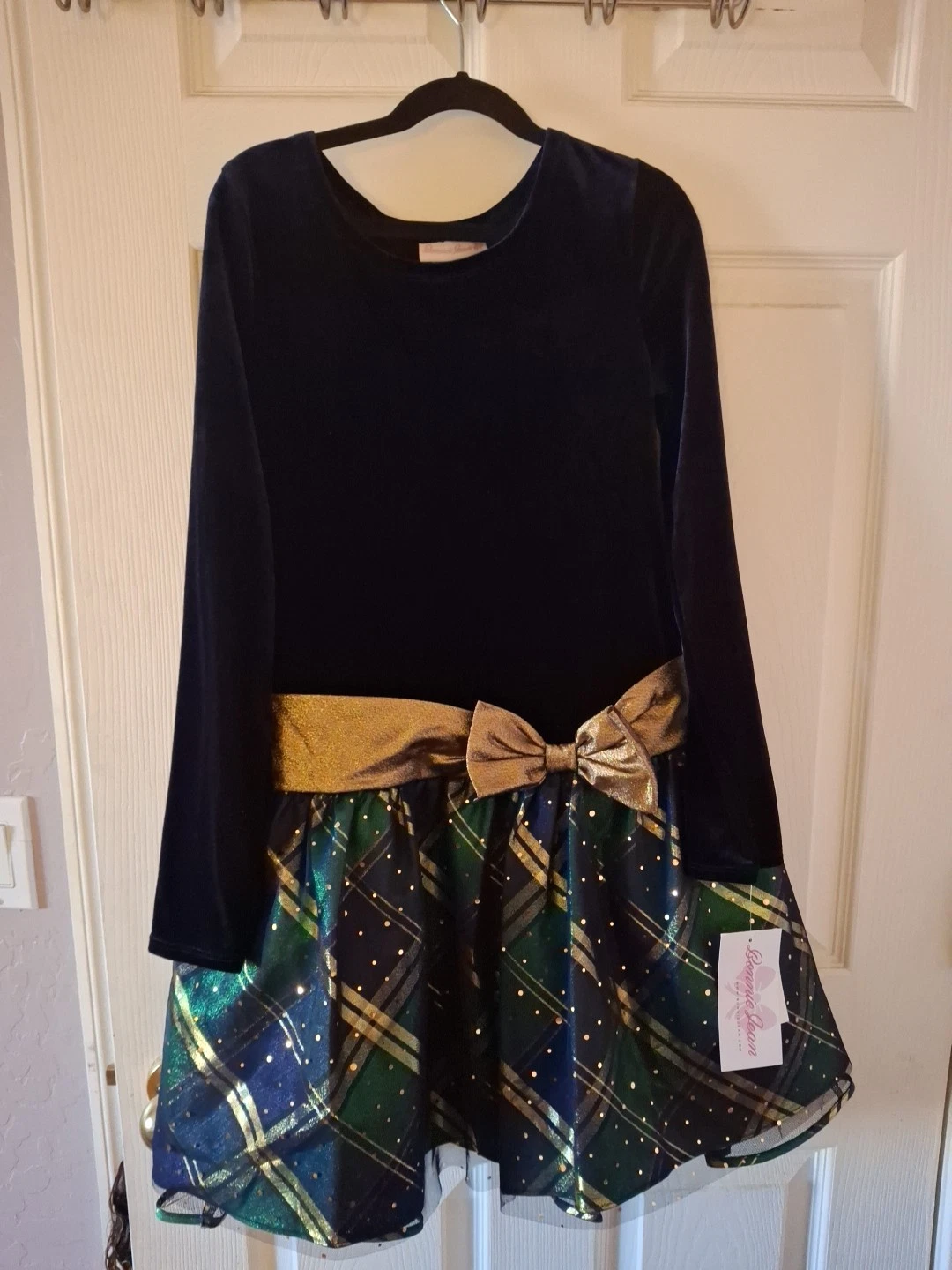 Bonnie Jean Girls Velvet Plaid Sequin Dress size 14 New