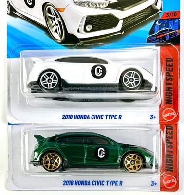 2026 Hot Wheels Honda 2018 Civic Type R  White, Green CJS Night Speed, 2 cars