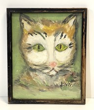 Vintage Folk Art Cat Portrait Painting Signed Framed