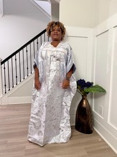Embroidered White Damask Brocade Maxi Dress: African Bubu Boubou Gown