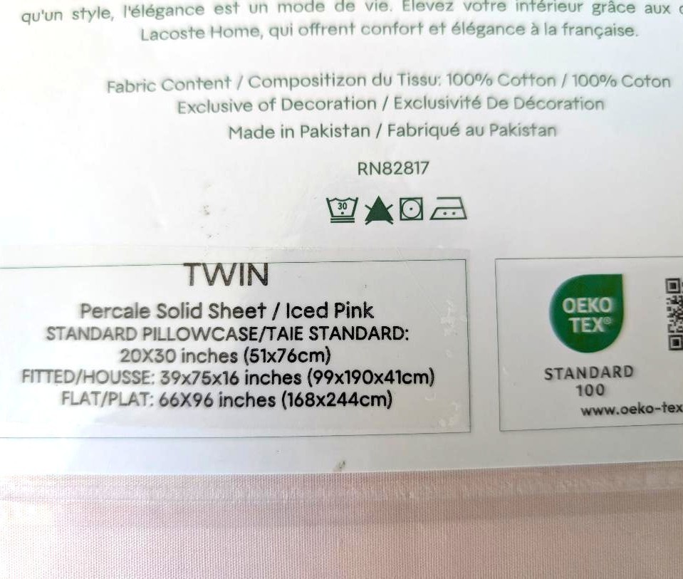 Lacoste 100% Cotton Percale Sheet Set Twin Iced Pink Solid Bedding NEW thumbnail 9