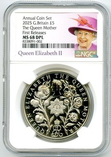 2025 5£ GRAN BRETAÑA UNC NGC MS68 DPL LA REINA MADRE PRIMEROS LANZAMIENTOS