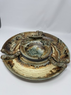 Colby Clayworks Studio Pottery Chip And Dip Set Crab Bowl W/ 3 Serving Plates