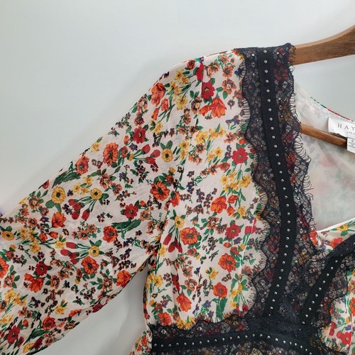 Hayden Womens Floral Lace Cottagecore Boho Dress Sz S Short Sleeve V-Neck Beaded - Picture 5 of 11