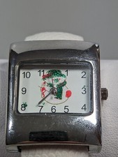 Christmas Snowman Silver Tone Case Open Cuff Hinge Band Watch 6 Inch