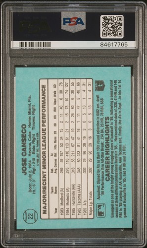 1986 DONRUSS ROOKIES #22 JOSE CANSECO RC ATHLETICS PSA 9 - 第 2/2 張圖片