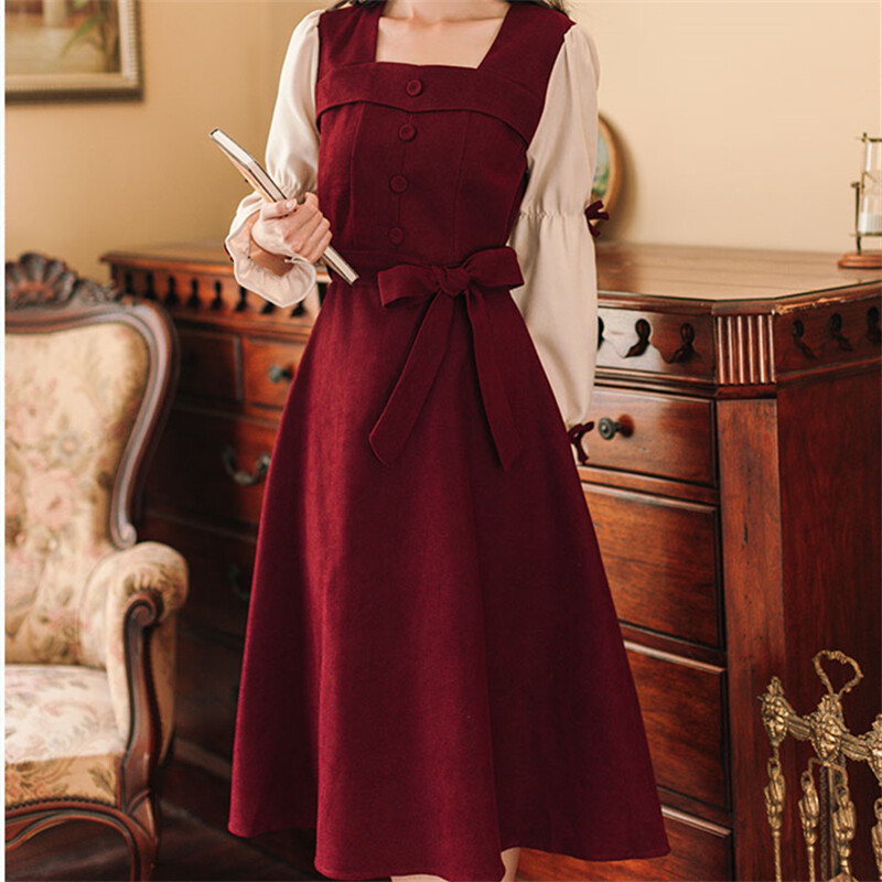 Lady Retro Midi Corduroy Dress Bowknot Square Collar with Belt Elegant Red | eBay Lady Retro Midi Corduroy Dress Bowknot Square Collar with Belt Elegant Red | eBay