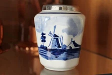 Delfts Blauw Ceramic Vase with Metal Rim and Dutch Windmill Scene