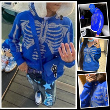 Rhinestone Skeleton Fashion Gothic Men Women Blue Hoodie Sweatshirt Zip Jacket