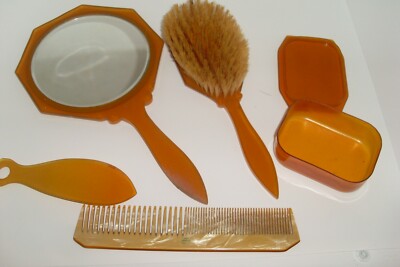 Vintage DuPont Pyralin Amber Pearl Celluloid 5 Piece Vanity  display picture 2