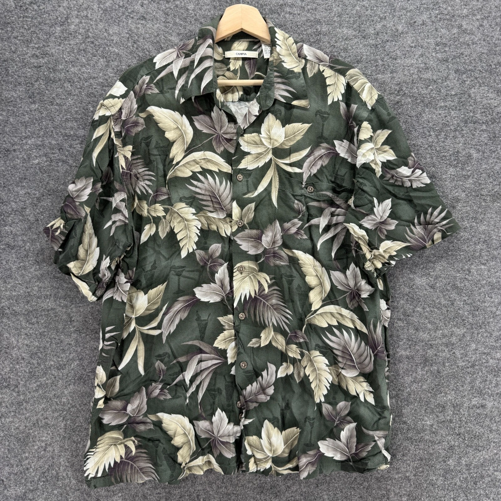 Campia Moda Shirt Men L Gray Floral Button Up Collared Short Sleeve Rayon Top