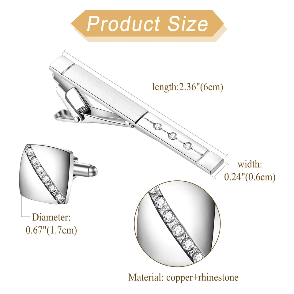 Mens Tie Clasp Cuff Links Set Wedding Tuxedo Shirt Rhinestone Tie Clip Cufflinks - Image 2 of 4