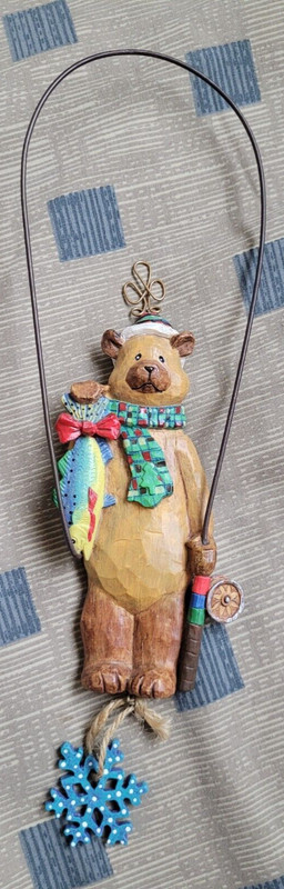Christmas Bear Fishing Ornament Door Hanger Russ Berrie Vintage