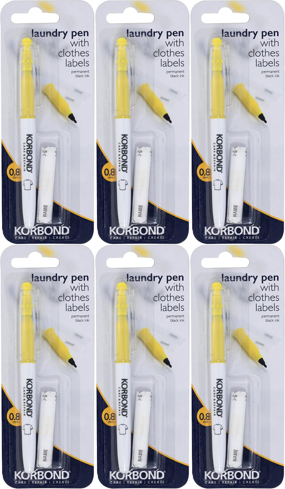 6x Korbond Laundry Marker Pen with Clothes Name Labels Sewing Dressmaking BLACK
