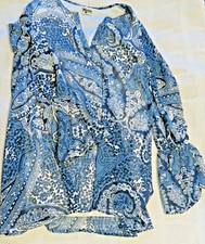 Perveen Pirate Tunic Top Shirt Blue Paisley White Lined BoHo Flouncy Womens Sz M