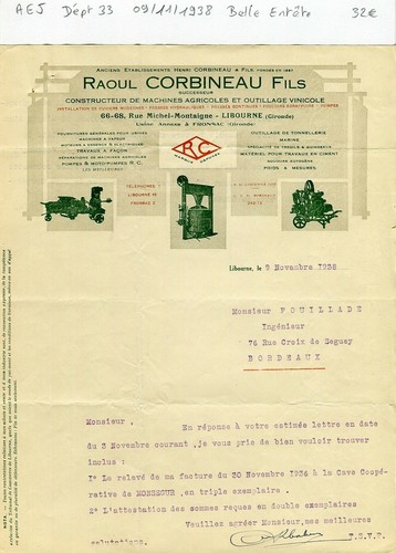 Dépt 33 - Libourne 68 Rue Michel Montaigne - Belle Entête Secteur Agricole 1938 - 第 1/1 張圖片