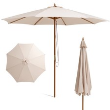 10 FT Wooden Patio Umbrella with Rope Pulley Lift, 8 Bamboo Ribs, 3 Adjustable