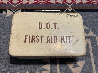 Vintage D.O.T Metal First Aid Kit Uni/Flex Complete Contents Wall Mount 70s 80s