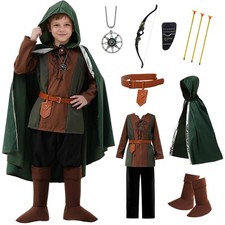 8 Pcs Medieval Archer Costume for Boys - Renaissance Hunter Outfit with Cape
