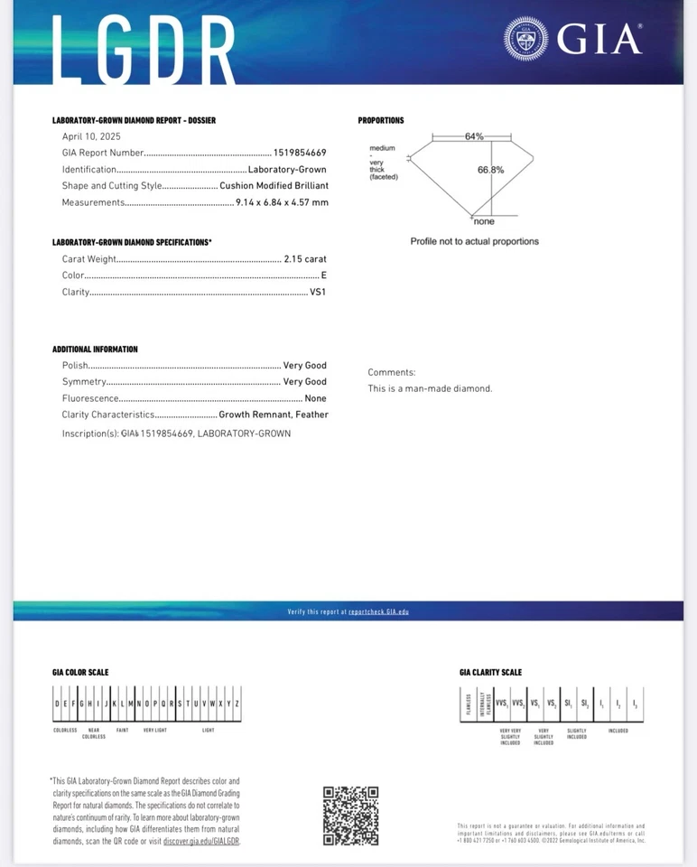2.15 ELONGATED CUSHION CUT DIAMOND GIA CERTIFIED LAB GROWN VS1 - Image 4 of 4
