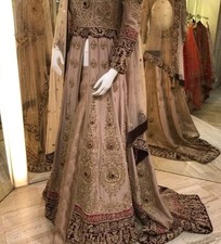 Elegant Embroidered Beige and Gold bridal Dress