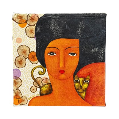 José Robaina Painting -Unique 3D Textured Portrait with Cat   Contemporary Art