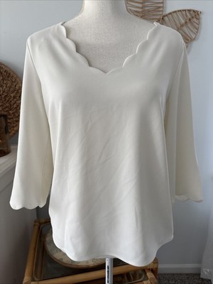 H&M Blouse Shirt Top Off White Ivory 3/4 Sleeve Scalloped Trim V Neck Small S