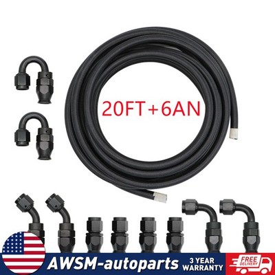 20FT 10Fittings  6AN AN6 Fuel Line Hose Set Nylon Stainless Steel Braided Oil