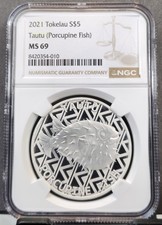 2021 TOKELAU SILVER 5 DOLLARS S$5 PORCUPINE FISH NGC MS 69 RARE GEM BU BEAUTIFUL