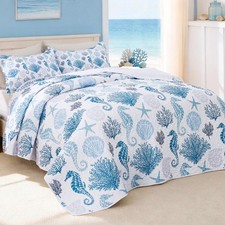 Twin Quilt Bedding Set Coastal Seahorse Bedspreads - Soft Bed Summer Beach Na...
