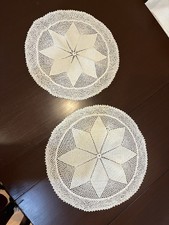 Vtg Pair 17" Hand Crocheted White Cotton Doilies Round Table Topper Lace Set 2