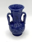 Shawnee Cobalt Blue Embossed Flowers Vase 5 1/4" Leaf Handles USA