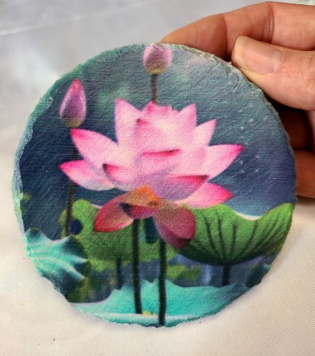 4" Slate Drink Coaster Pink Lotus Flower Print w/Rubber Feet - Picture 4 of 9
