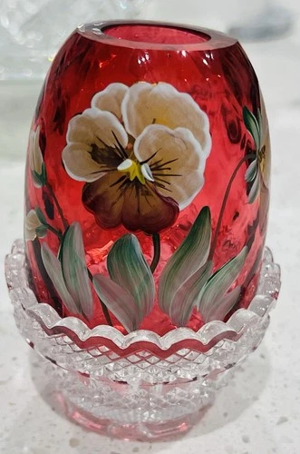 Fenton Hand Painted Cranberry Fairy Lamp - Signed by Artist