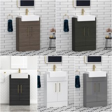 Floor Standing Vanity Unit 600mm 2 Door Semi Recessed Basin Sink Gold Handle