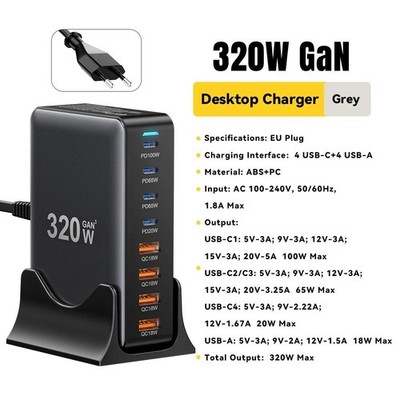Essager 320W GaN 8-Port USB-C Charging Station   PD 100W Fast Charge